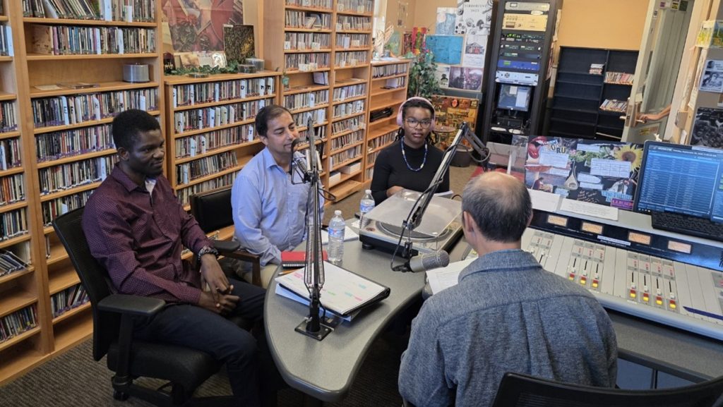 Dr. Bhuwan Thapa and GES students Desmond Fosuhene and Jada McGill in the WUAG radio station.